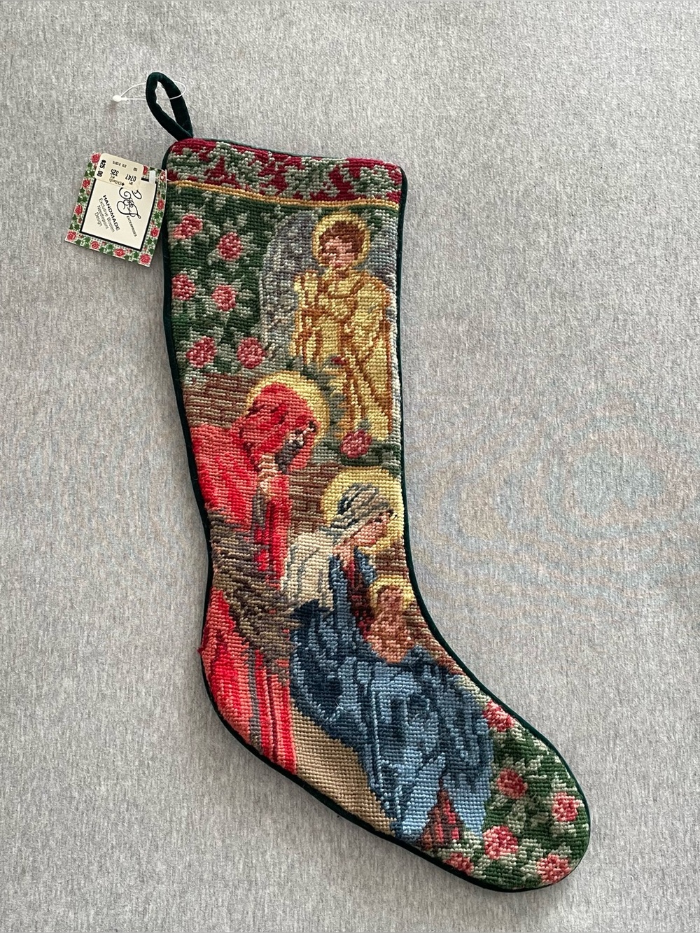 Hand-Embroidered Nativity Christmas Stocking in Red, Blue & Green